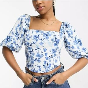 NWT Abercrombie & Fitch Blue Floral Puff Sleeve Crop Top Size L